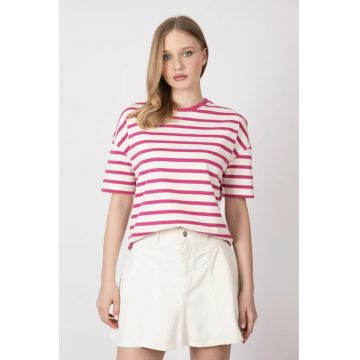 Tricou dama -  cu decolteu rotund si dungi - jerseu - alb/roz