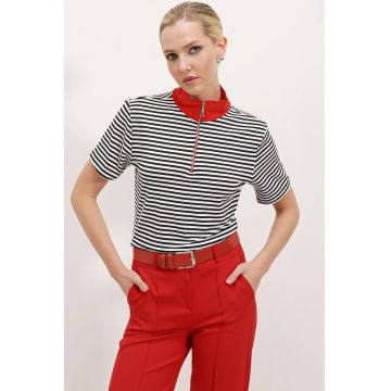 Tricou dama -  cu guler cu fermoar -dungi - multicolor - viscoza/ lycra