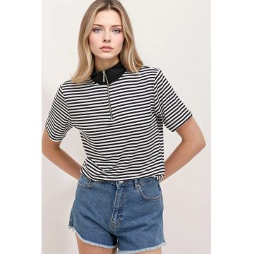 Tricou dama -  cu guler cu fermoar - dungi - negru - viscoza/ lycra