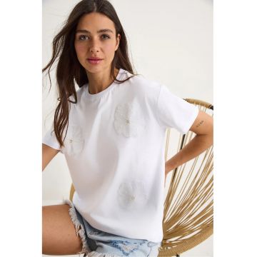 Tricou dama  cu guler rotund - imprimeu floral - alb - bumbac - maneca scurta