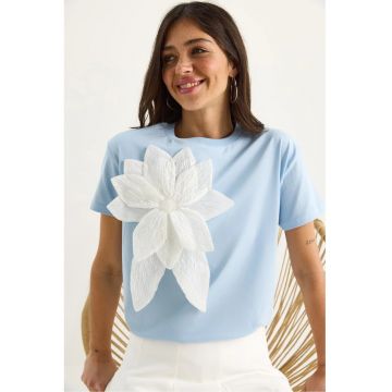 Tricou dama  cu guler rotund - imprimeu floral - albastru - bumbac - maneca scurta