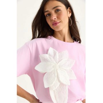 Tricou dama  cu guler rotund - imprimeu floral - roz - bumbac - maneca scurta