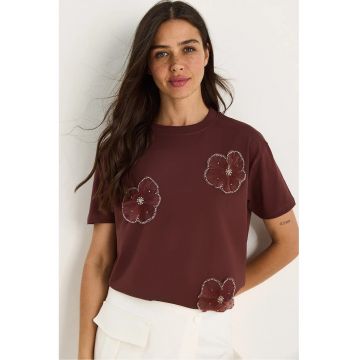 Tricou dama  cu guler rotund - imprimeu floral - scurt - maro - bumbac