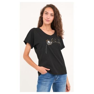 -Tricou dama cu maneca scurta si imprimeu ( BLACK - Material: Bumbac