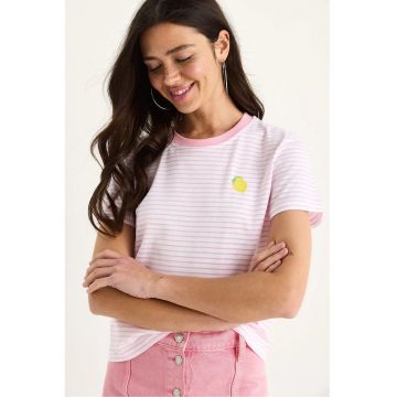 Tricou dama  din bumbac cu dungi si broderie - roz - maneca scurta -