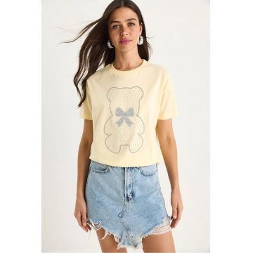 Tricou dama  galben - bumbac - guler rotund - imprimeu brodat - maneca scurta