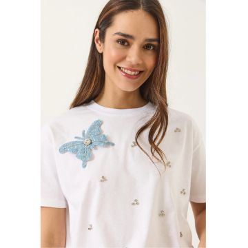 Tricou dama -  guler rotund - brodat - alb - bumbac