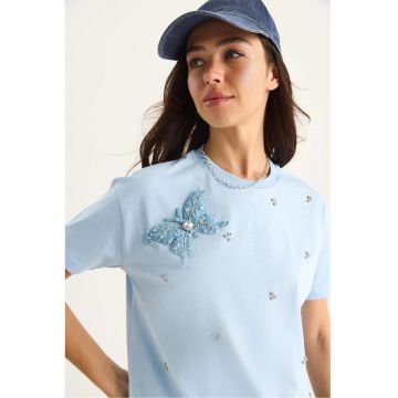 Tricou dama -  guler rotund - brodat - albastru - bumbac