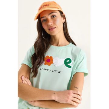 Tricou dama  guler rotund - brodat - verde - bumbac