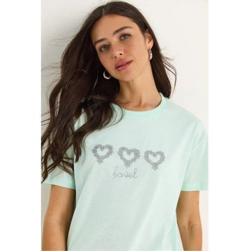 Tricou dama -  guler rotund - brodat - verde - bumbac