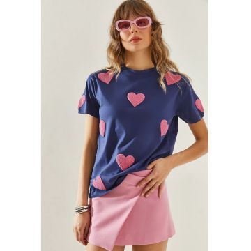 Tricou dama  guler rotund - broderie in forma de inima - albastru - bumbac -