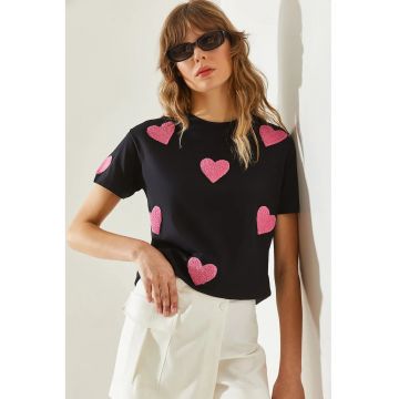 Tricou dama  guler rotund - broderie inima - negru - bumbac -