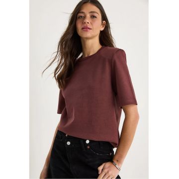 Tricou dama  guler rotund - captusit - scurt - maro - bumbac