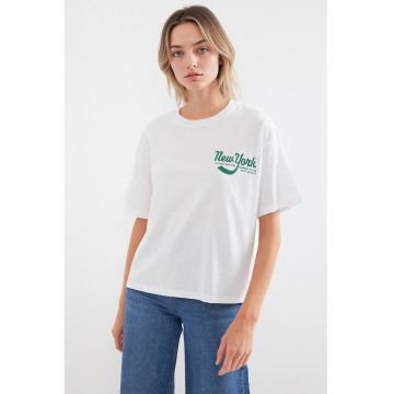 Tricou dama  guler rotund - croiala lejera - alb - bumbac