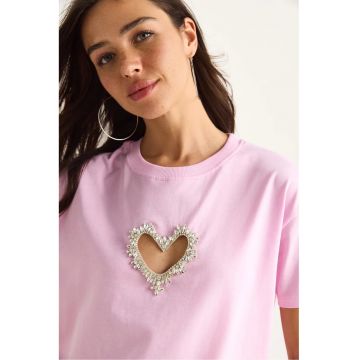 Tricou dama  guler rotund - croiala lejera - roz - bumbac