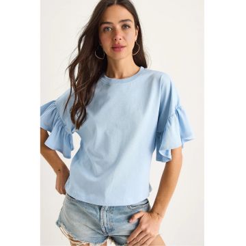 Tricou dama  guler rotund - detalii cu volane - albastru - bumbac