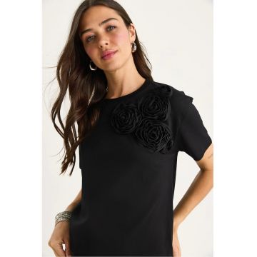 Tricou dama  guler rotund - detalii decorative - negru - bumbac