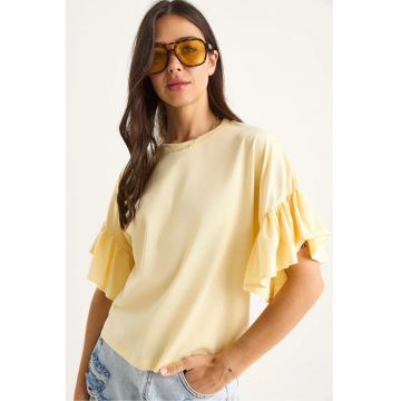 Tricou dama  guler rotund - detalii volane - galben - bumbac
