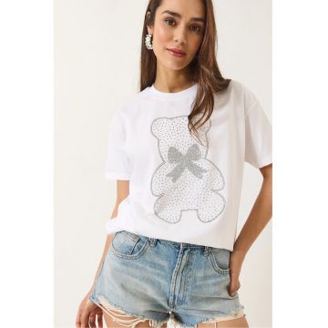 Tricou dama  guler rotund - imprimeu brodat - alb - bumbac