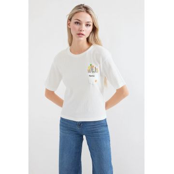 Tricou dama  guler rotund - imprimeu brodat - alb - poliester-lycra