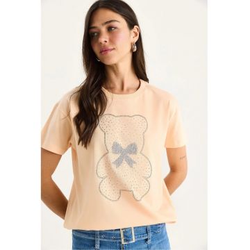Tricou dama  guler rotund - imprimeu brodat - portocaliu - bumbac