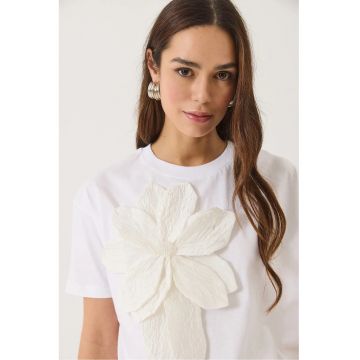 Tricou dama  guler rotund - imprimeu floral - alb - bumbac