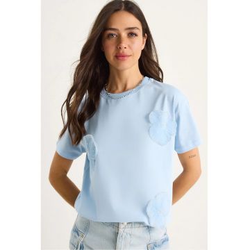 Tricou dama  guler rotund - imprimeu floral - albastru - bumbac