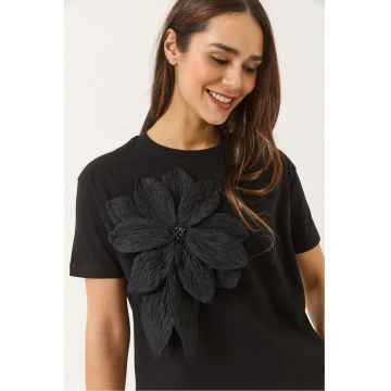 Tricou dama  guler rotund - imprimeu floral - negru - bumbac