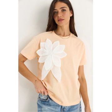 Tricou dama  guler rotund - imprimeu floral - portocaliu - bumbac