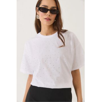 Tricou dama  guler rotund - paiete - alb - bumbac
