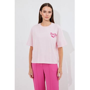 Tricou dama  imprimeu elegant - roz - bumbac - maneca scurta