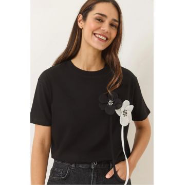 Tricou dama -  imprimeu floral - negru - bumbac