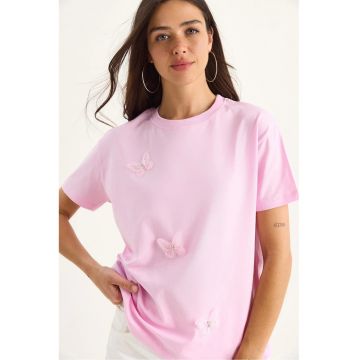 Tricou dama  maneca scurta - guler rotund - brodat - roz - bumbac