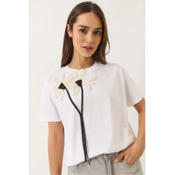Tricou dama  maneca scurta - imprimeu floral - alb - bumbac