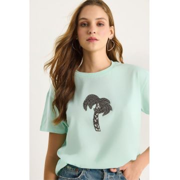 Tricou dama  scurt - guler rotund - verde menta - bumbac -