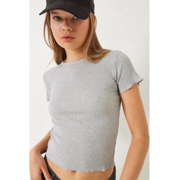 Tricou dama - tricou scurt cu dungi - gri - bumbac/ lycra Tricou dama - tricou scurt cu dungi - gri - bumbac/ lycra