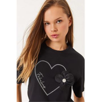 Tricou dama -  tricou scurt cu guler rotund - imprimeu - negru - bumbac