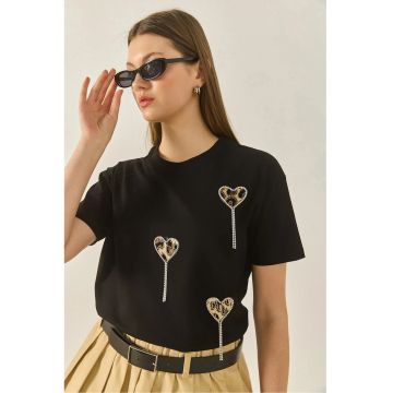 Tricou  din bumbac cu imprimeu brodat - negru - maneca scurta