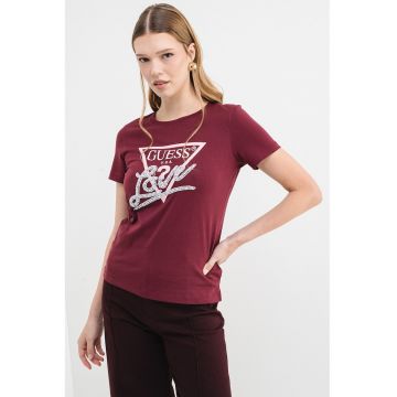 Tricou din bumbac cu imprimeu logo si aplicatie cu margele