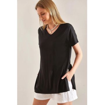 Tricou lung tricotat -  decolteu in V - maneci scurte - negru - viscoza/ lycra -