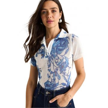 Tricou polo dama -  Bumbac/Lycra - Alb/Albastru