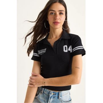 Tricou scurt -  guler polo - imprimeu - negru - viscoza/ lycra