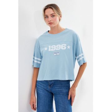 Tricou scurt -  supradimensionat - imprimeu Motto - albastru - bumbac