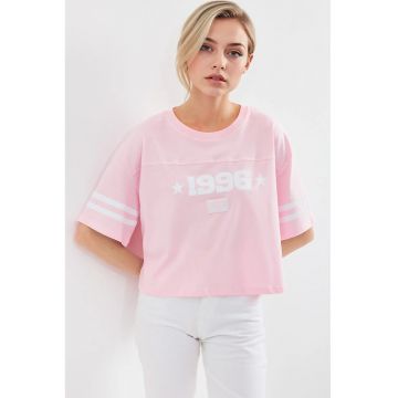 Tricou scurt  supradimensionat - imprimeu Motto - roz - bumbac