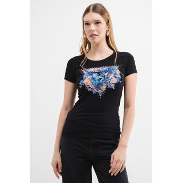 Tricou slim fit cu logo si decolteu la baza gatului
