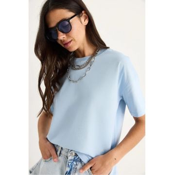 Tricouri dama -  tricou cu guler rotund si crapatura - albastru - bumbac