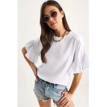 Tricouri dama -  tricou cu guler rotund si volane - alb - bumbac