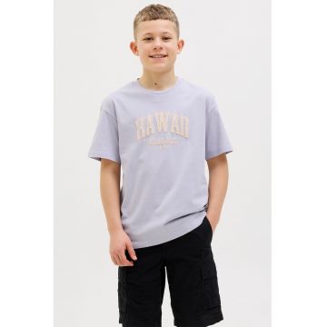 Tricou cu decolteu la baza gatului - imprimeu text si logo