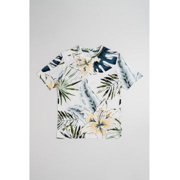 Tricou cu decolteu la baza gatului si imprimeu tropical