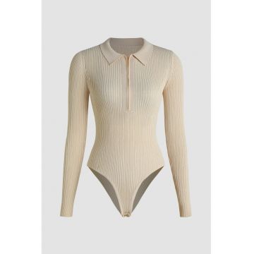 Body  cu fermoar - guler polo - bej - poliester